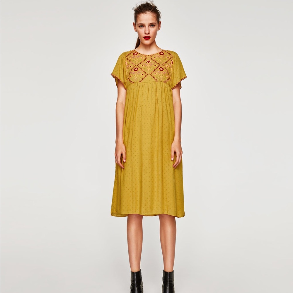 Zara Mustard Yellow Embroidered Midi Dress